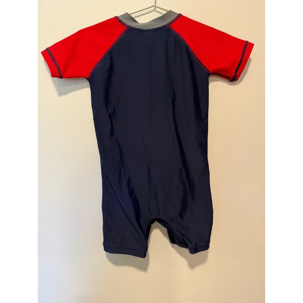 Hanna Andersson Shark Sun Suit Navy Red Zip Front Rash Guard One Piece 80 cm